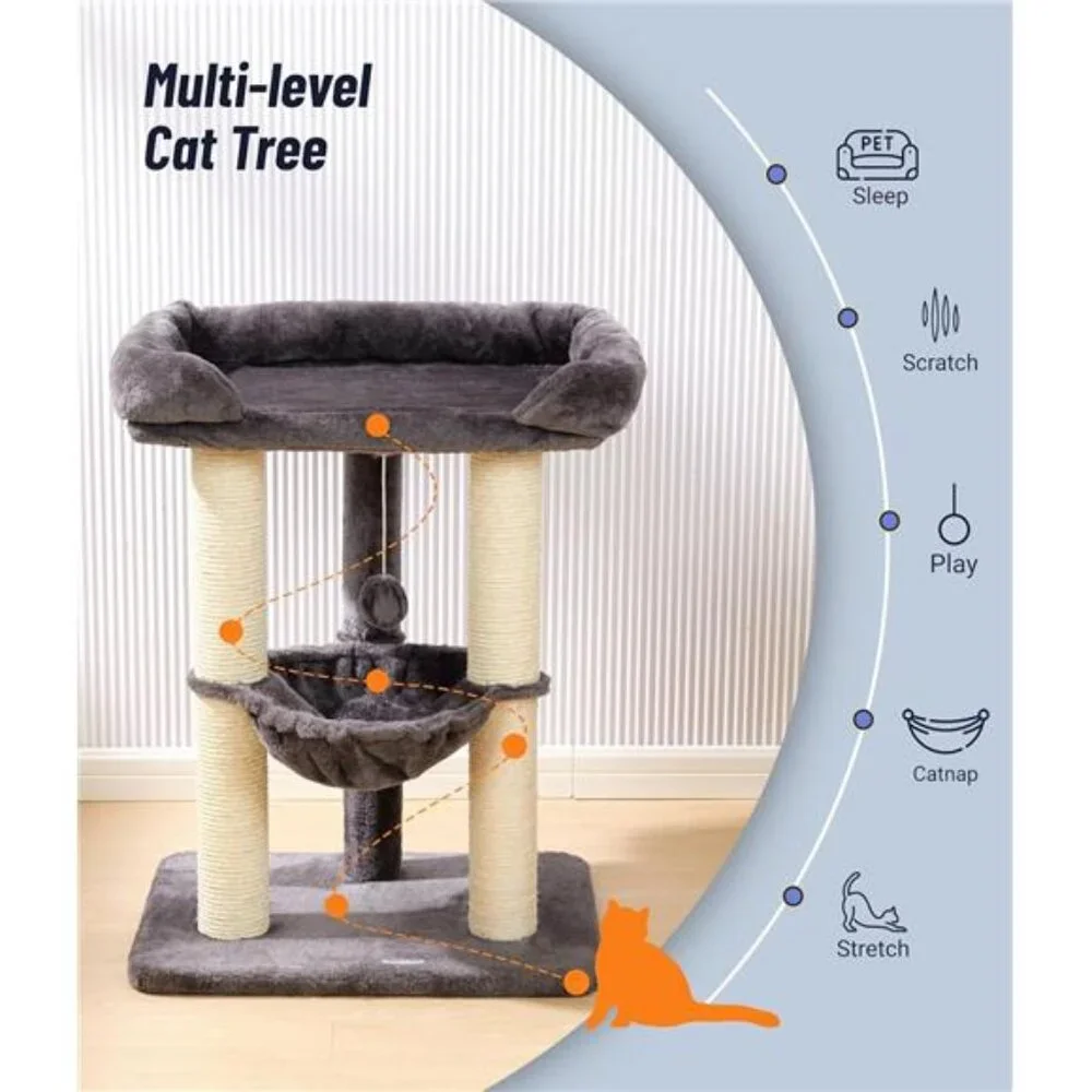 28 Inch Cat Tree Tower Large Cat Scratching Post with Bed Hammock for Maine Coon